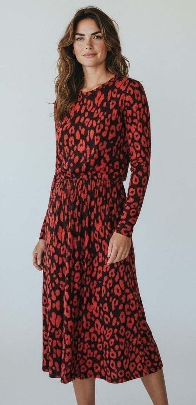 Zara Red And Black Leopard Print Pleated Plisse Midi Dress Size S